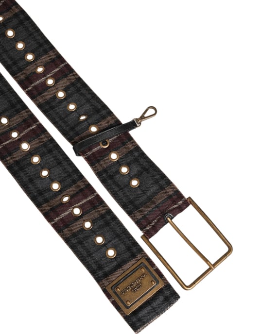Dolce & Gabbana Rutigt Tyg Logoplåt Messing Spänne Bälte - Image 6