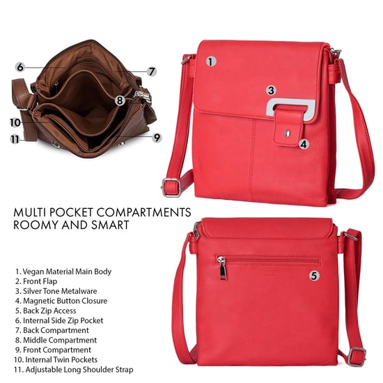 Women's Crossbody Bag Messenger Shoulder Bag in Red - Image 4