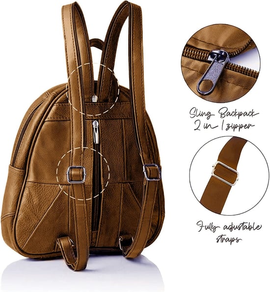Women's Genuine Leather Backpack in Tan - Image 2