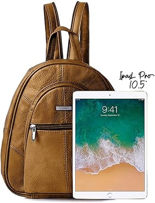 Women's Genuine Leather Backpack in Tan - Image 3