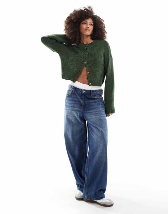 ASOS DESIGN loose knit crew neck cardigan in green - Image 2