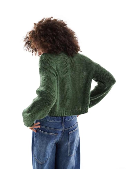 ASOS DESIGN loose knit crew neck cardigan in green - Image 3