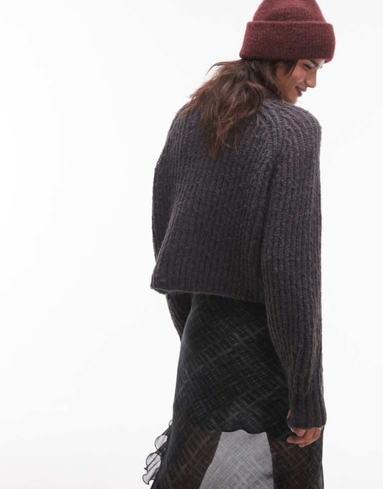 Topshop knitted chunky crew neck cardigan in charcoal - Image 3