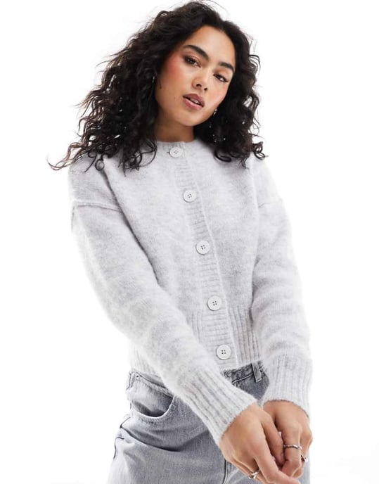 ASOS DESIGN crew neck cardigan in alpaca wool blend in grey - Image 1