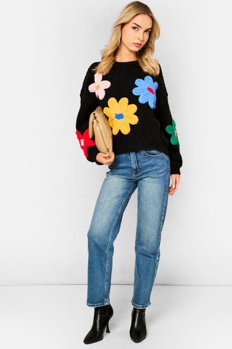 Black 3D Flower Crochet Knitted Jumper - Image 1