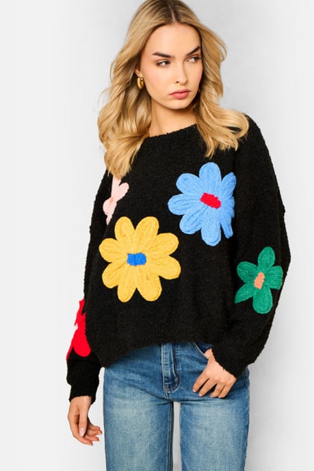 Black 3D Flower Crochet Knitted Jumper - Image 2