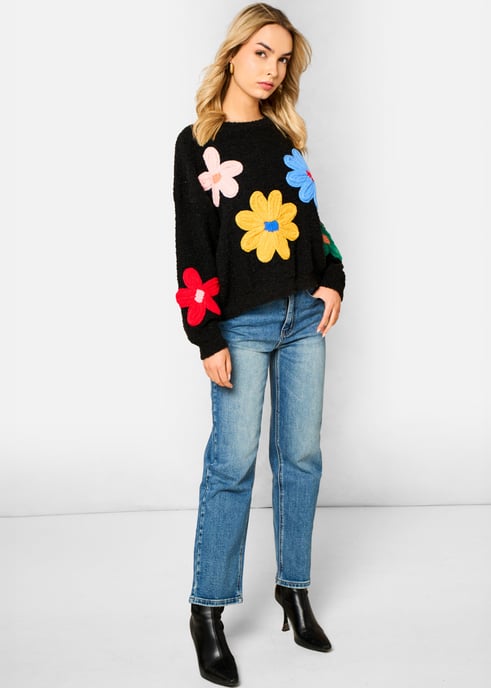Black 3D Flower Crochet Knitted Jumper - Image 3