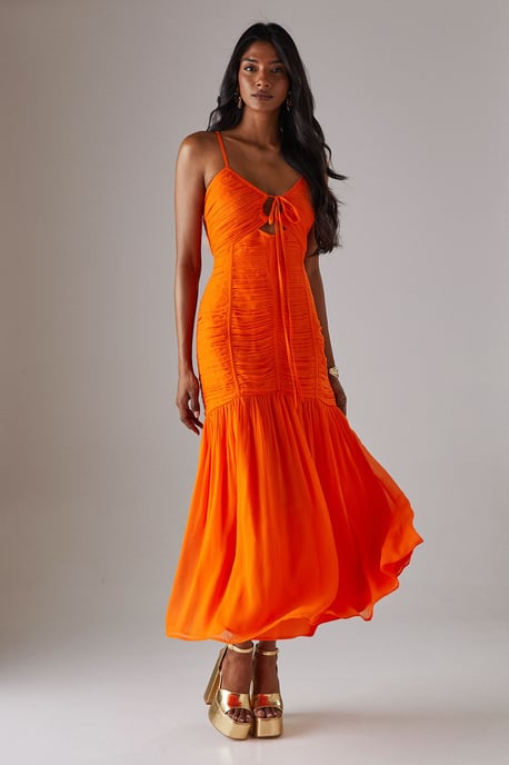Chiffon Gathered Channel Strappy Midi Dress - Image 1