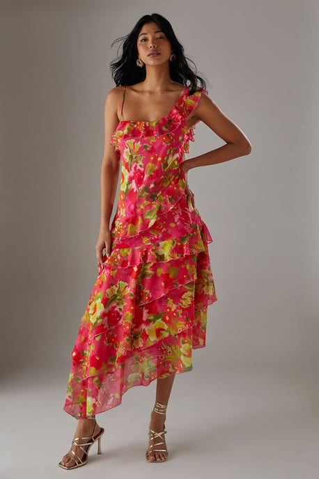 Chiffon Asymmetric Hem Ruffle Midi Slip Dress - Image 1