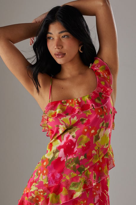 Chiffon Asymmetric Hem Ruffle Midi Slip Dress - Image 2