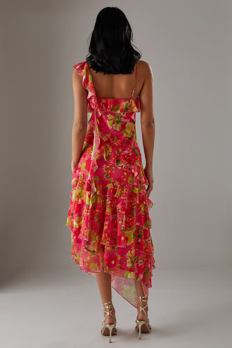 Chiffon Asymmetric Hem Ruffle Midi Slip Dress - Image 3