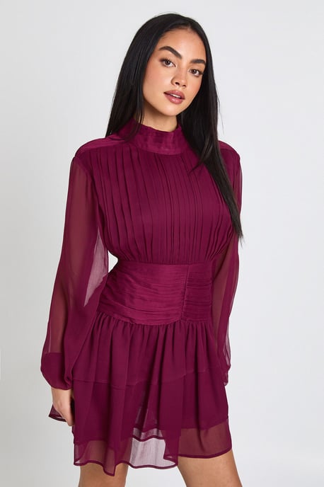 High Neck Gathered Chiffon Mini Dress - Image 3