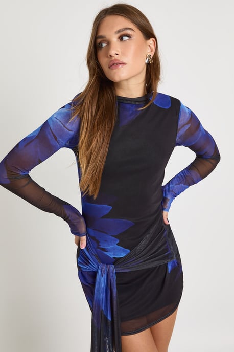 High Neck Printed Floral Wrap Mini Dress - Image 1