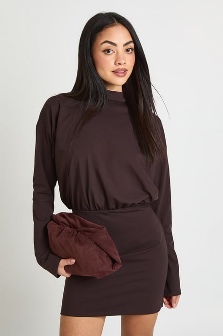Long Sleeve Grown On Neck Blouson Mini Dress - Image 1
