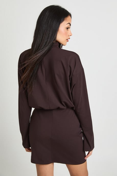 Long Sleeve Grown On Neck Blouson Mini Dress - Image 2