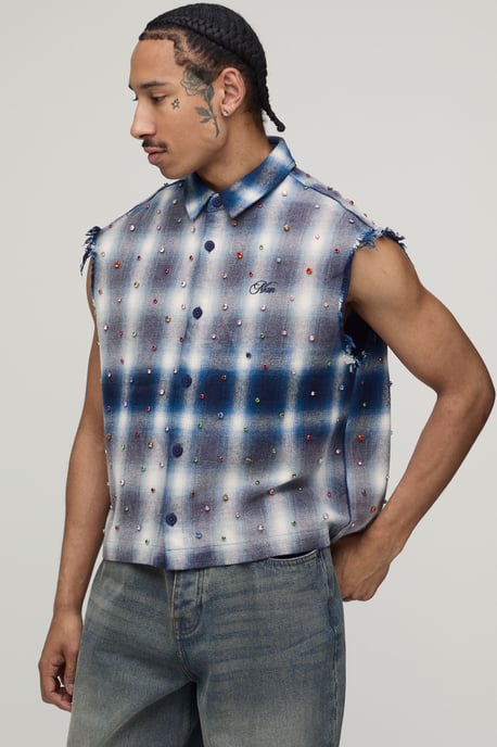 Oversized Boxy Sleeveless Raw Seam Jewel Shirt - Image 1
