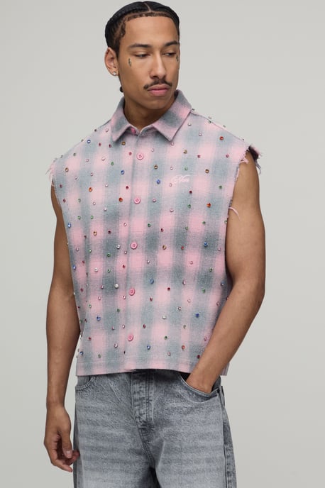 Oversized Boxy Sleeveless Raw Seam Jewel Shirt - Image 1