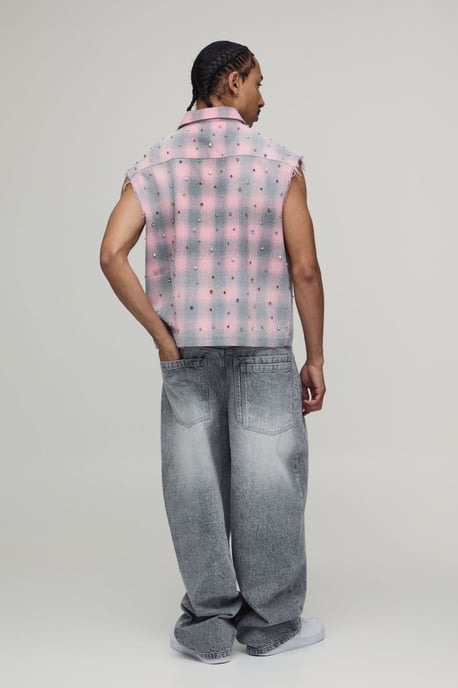 Oversized Boxy Sleeveless Raw Seam Jewel Shirt - Image 2