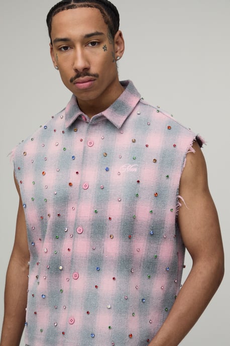 Oversized Boxy Sleeveless Raw Seam Jewel Shirt - Image 3