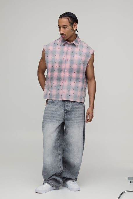 Oversized Boxy Sleeveless Raw Seam Jewel Shirt - Image 4
