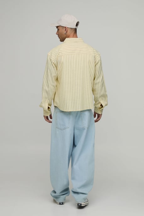 Oversized Boxy Curve Hem B Embroidery Stripe Shirt - Image 2