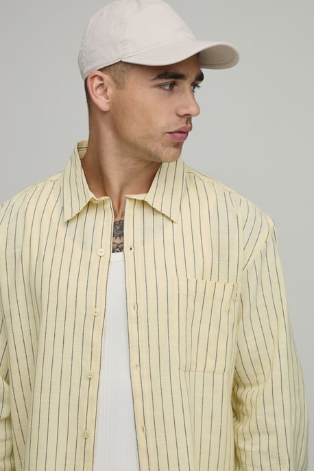 Oversized Boxy Curve Hem B Embroidery Stripe Shirt - Image 3