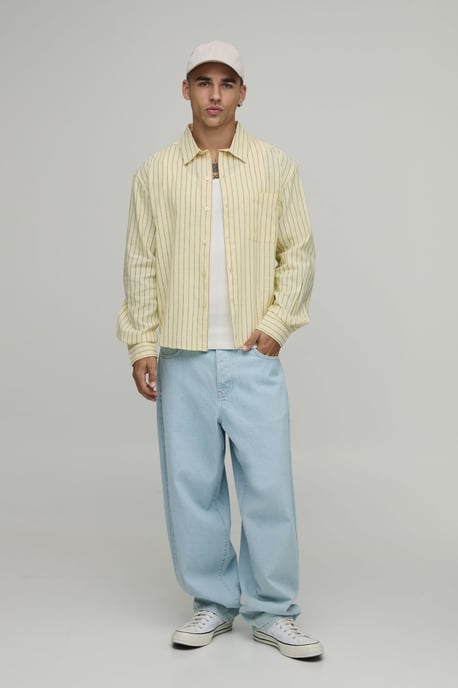 Oversized Boxy Curve Hem B Embroidery Stripe Shirt - Image 4