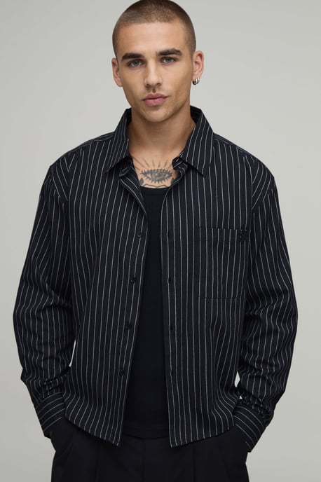 Oversized Boxy Curve Hem B Embroidery Stripe Shirt - Image 1