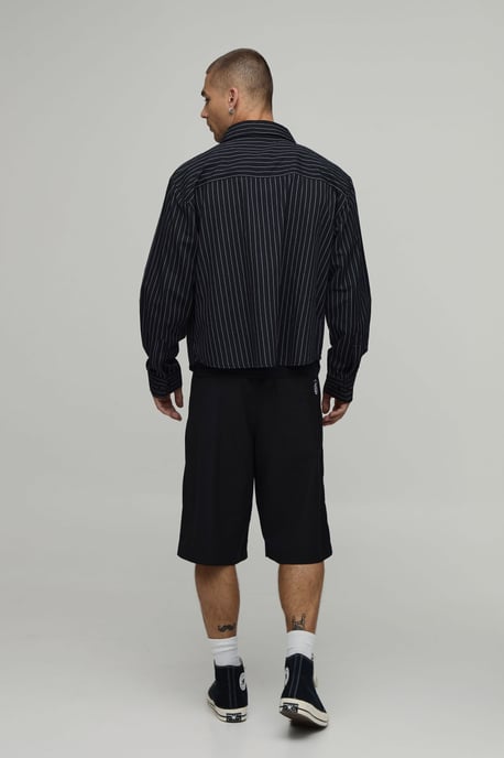 Oversized Boxy Curve Hem B Embroidery Stripe Shirt - Image 2
