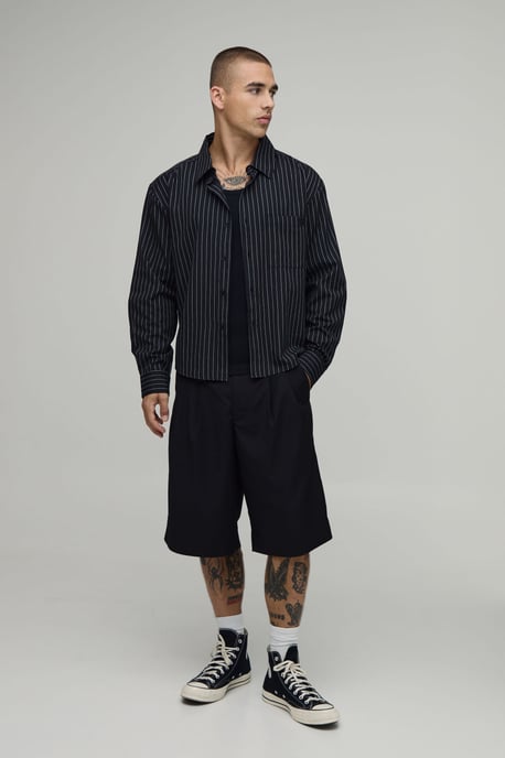 Oversized Boxy Curve Hem B Embroidery Stripe Shirt - Image 4