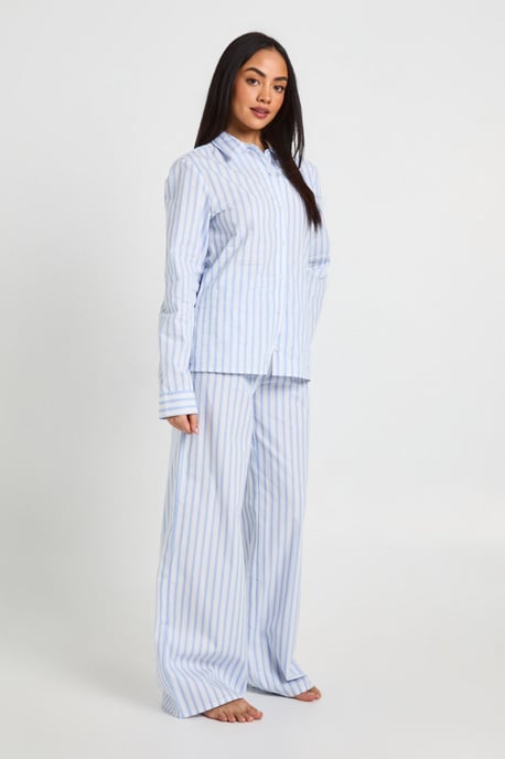 Cotton Poplin Pinstripe Long Sleeve Shirt & Trouser Pyjama Set - Image 3