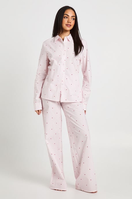 Cotton Poplin Pinstripe Heart Print Long Sleeve Shirt & Trouser Pyjama Set - Image 1