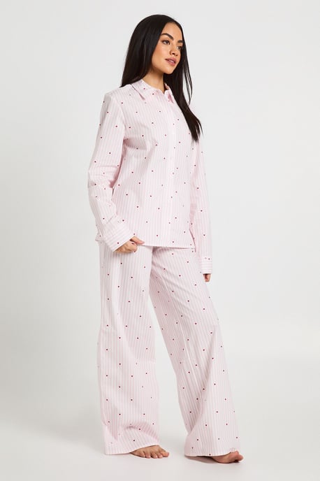 Cotton Poplin Pinstripe Heart Print Long Sleeve Shirt & Trouser Pyjama Set - Image 3