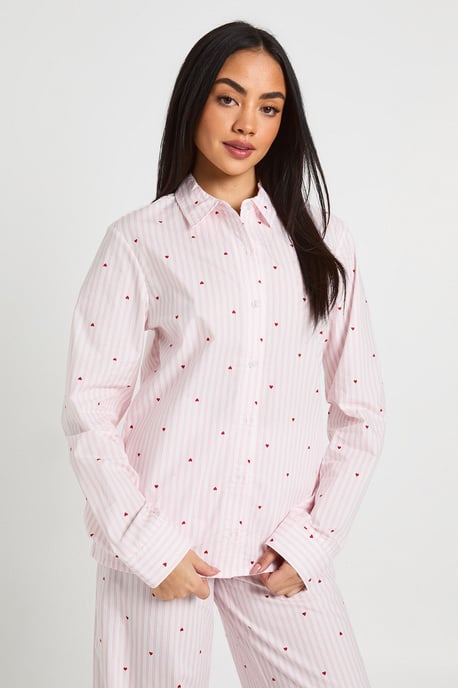 Cotton Poplin Pinstripe Heart Print Long Sleeve Shirt & Trouser Pyjama Set - Image 4