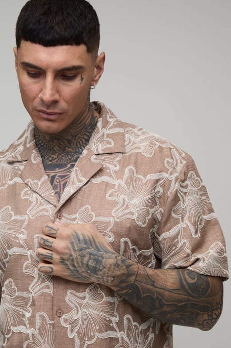 Tall Floral Embroidered Revere Shirt & Relaxed Short Set - Image 3