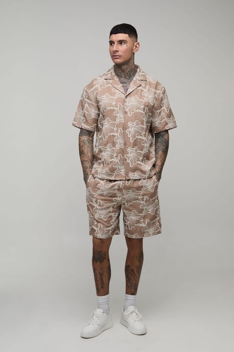 Tall Floral Embroidered Revere Shirt & Relaxed Short Set - Image 4