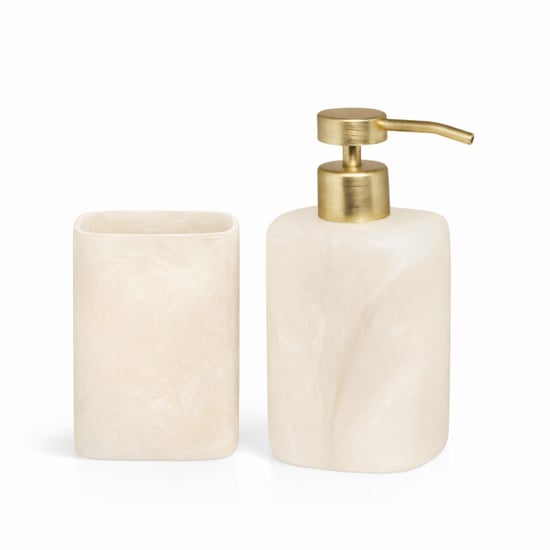 Casa di Elturo Luxe badkamer set elvora – zeepdispenser & beker – beige marmerlook met gouden - Image 1