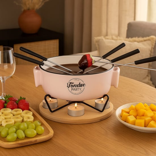 Casa di Elturo Fondue set voor 4 personen – porseleinen fonduepan met bamboe onderplaat – - Image 4