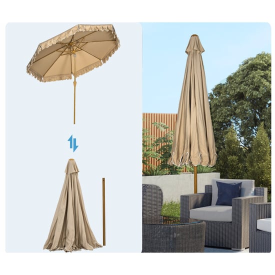 4goodz Parasol met volant en kantfranjes Ø264 cm kantelbaar houtlook kaki - Image 6