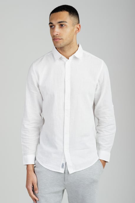 White Linen Blend Long Sleeve Button-Up Shirt - Image 1
