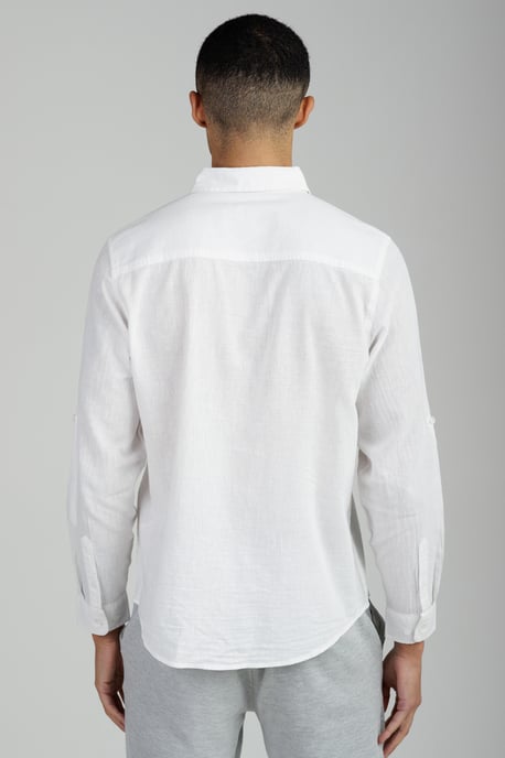 White Linen Blend Long Sleeve Button-Up Shirt - Image 2