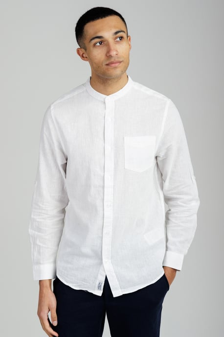 White Linen Blend Long Sleeve Button-Up Shirt With Grandad Collar - Image 1