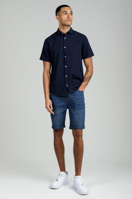 Navy Linen Blend Short Sleeve Button-Up Shirt - Image 3