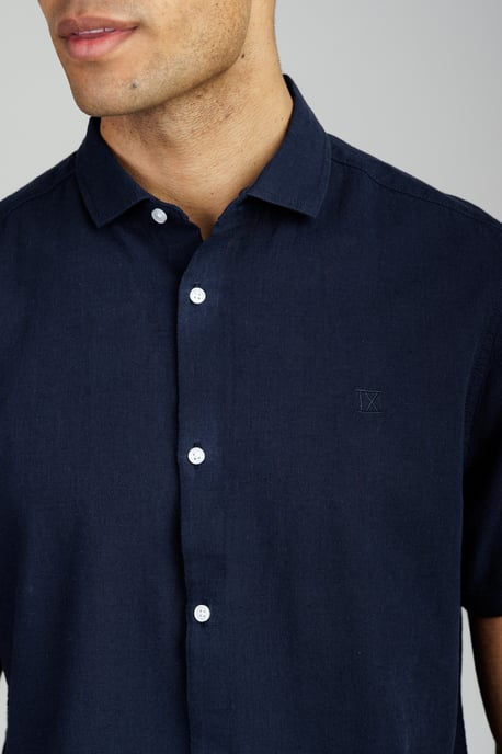 Navy Linen Blend Short Sleeve Button-Up Shirt - Image 4