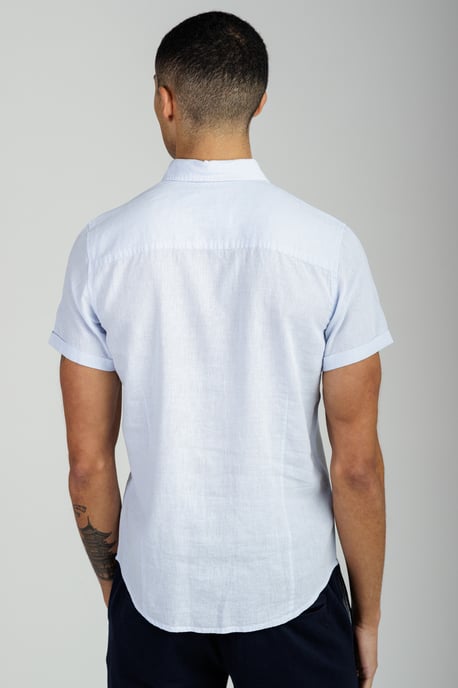 Light Blue Linen Blend Short Sleeve Button-Up Shirt - Image 2