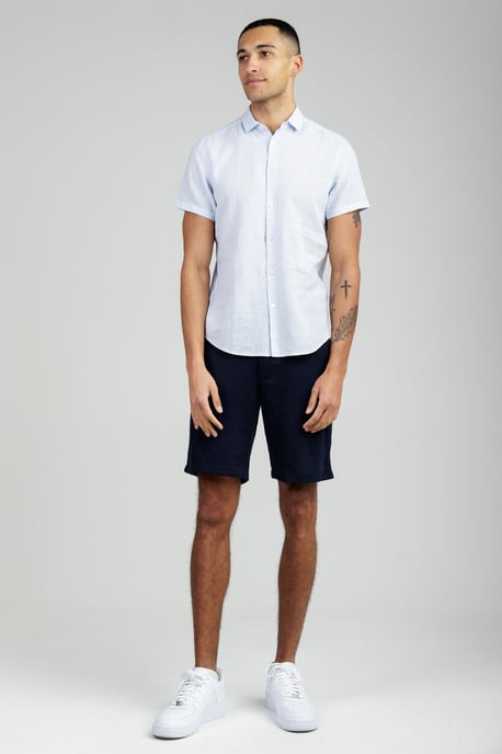 Light Blue Linen Blend Short Sleeve Button-Up Shirt - Image 3