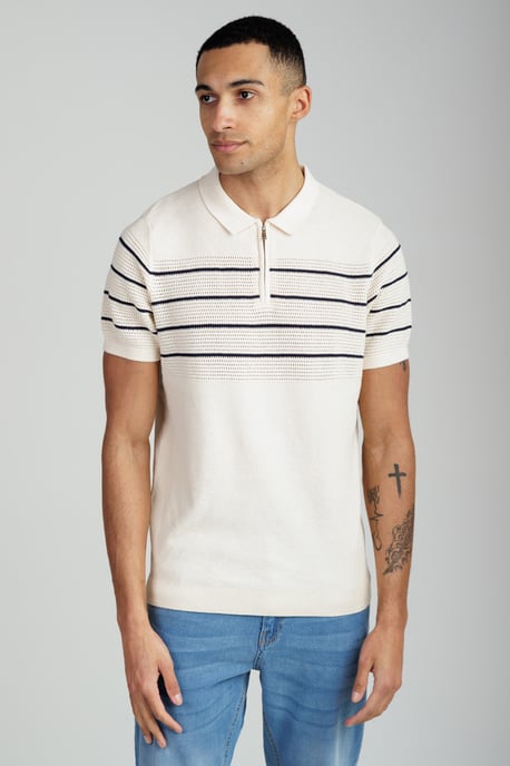 Ecru Knitted Stripe Short Sleeve Zip-Up Polo Shirt - Image 1