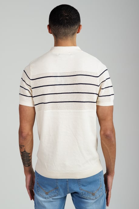 Ecru Knitted Stripe Short Sleeve Zip-Up Polo Shirt - Image 2