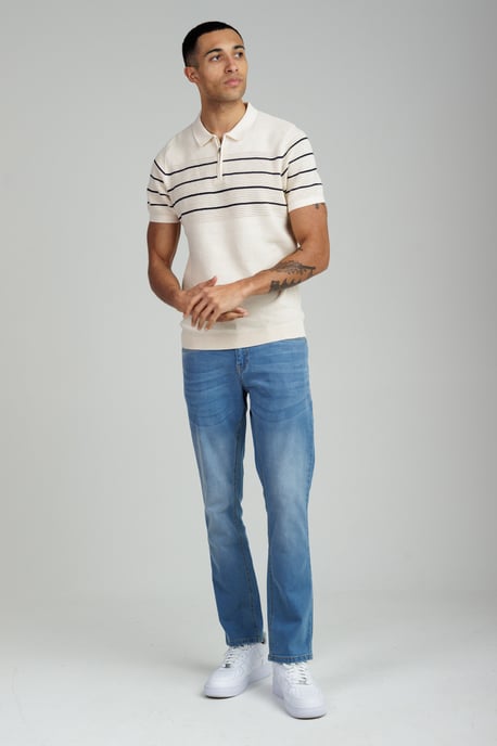 Ecru Knitted Stripe Short Sleeve Zip-Up Polo Shirt - Image 3