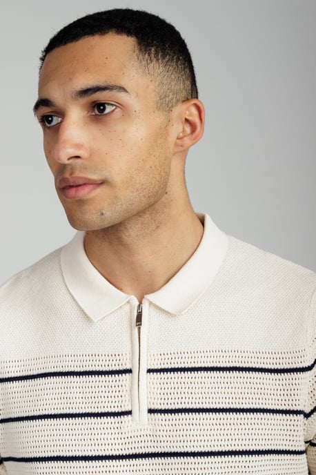 Ecru Knitted Stripe Short Sleeve Zip-Up Polo Shirt - Image 4